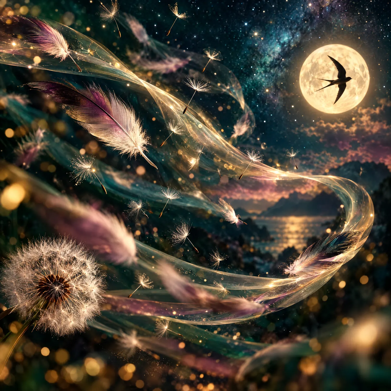 Feathers and seeds swirling on luminous wind beneath the moon, the element of air