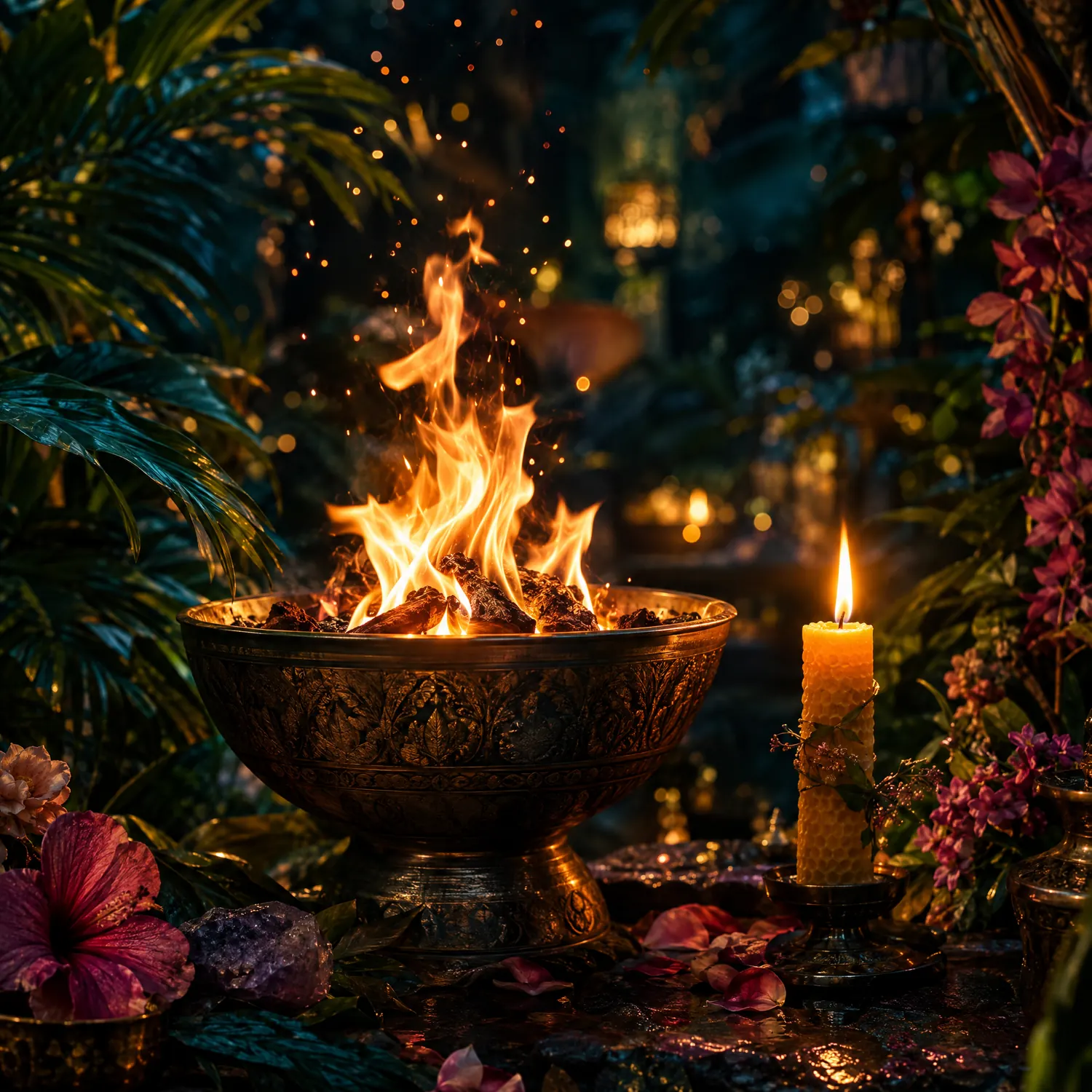 A ceremonial fire bowl and candle burning in a dark garden, the element of fire