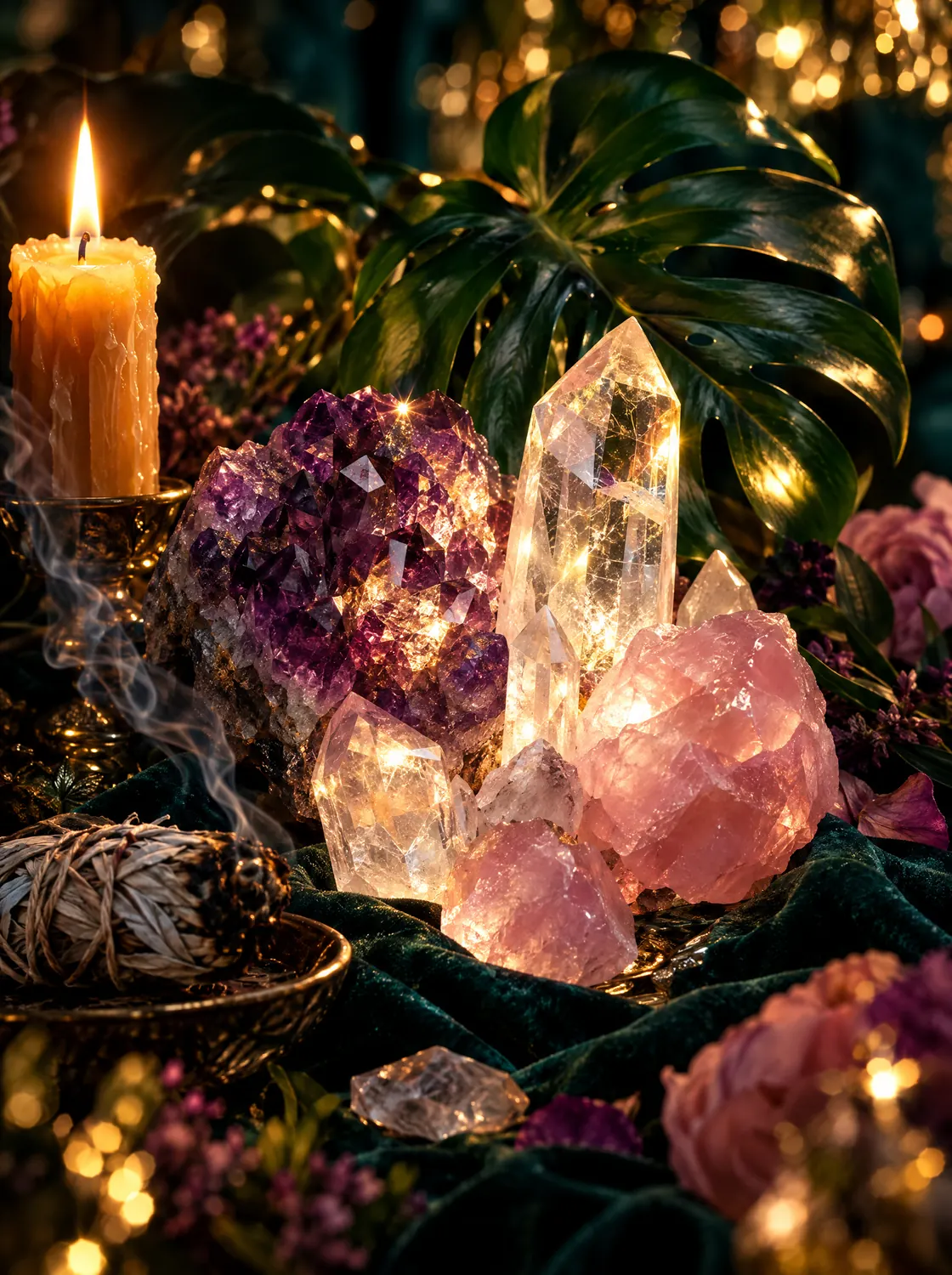 Amethyst, rose quartz and clear quartz crystals glowing beside a candle and white sage