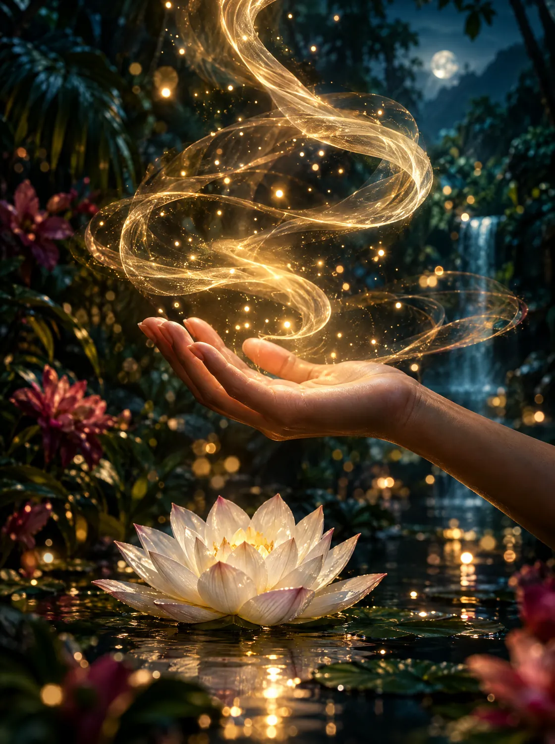 An open palm with ribbons of golden air swirling above a white lotus