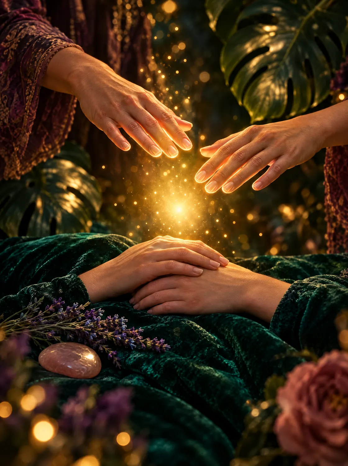 Hands hovering above a resting person's hands with warm golden light glowing between them