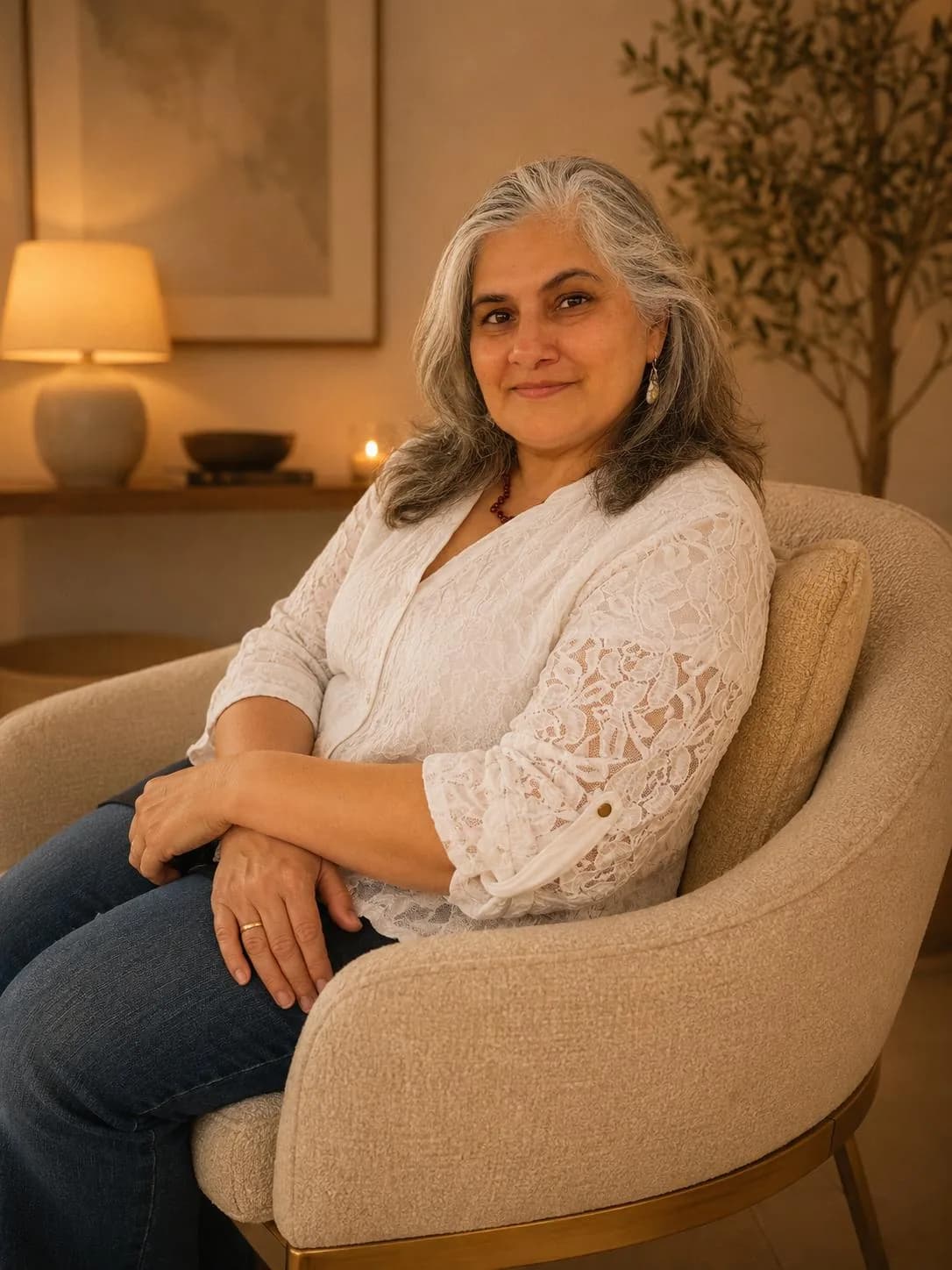 Chandini Botre smiling, seated in an armchair in a softly lit room