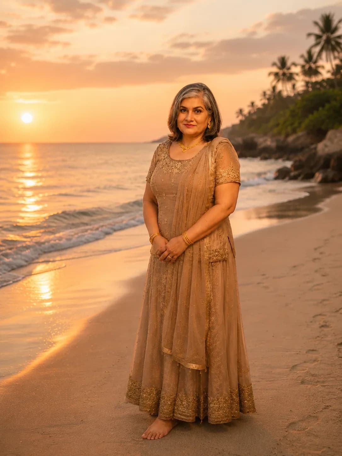 Chandini Botre standing barefoot on a beach at sunset