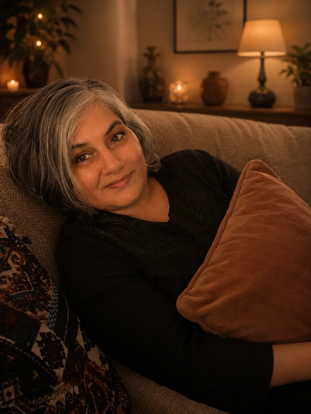 Chandini Botre resting on a sofa in a candlelit room, smiling
