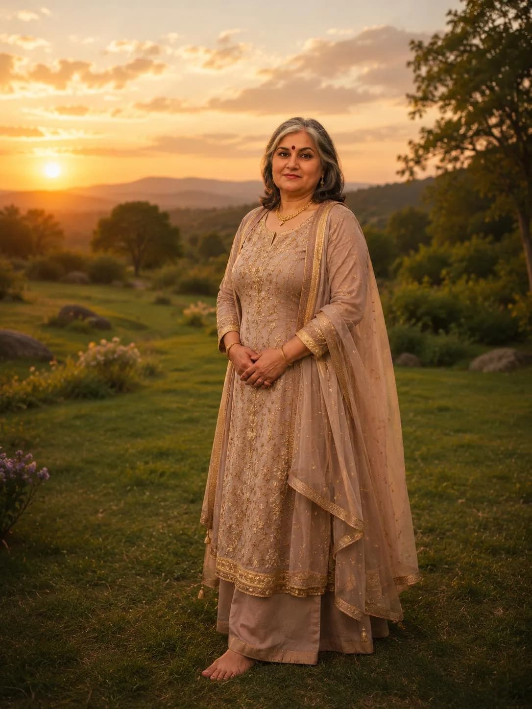 Chandini Botre standing in a meadow at sunset